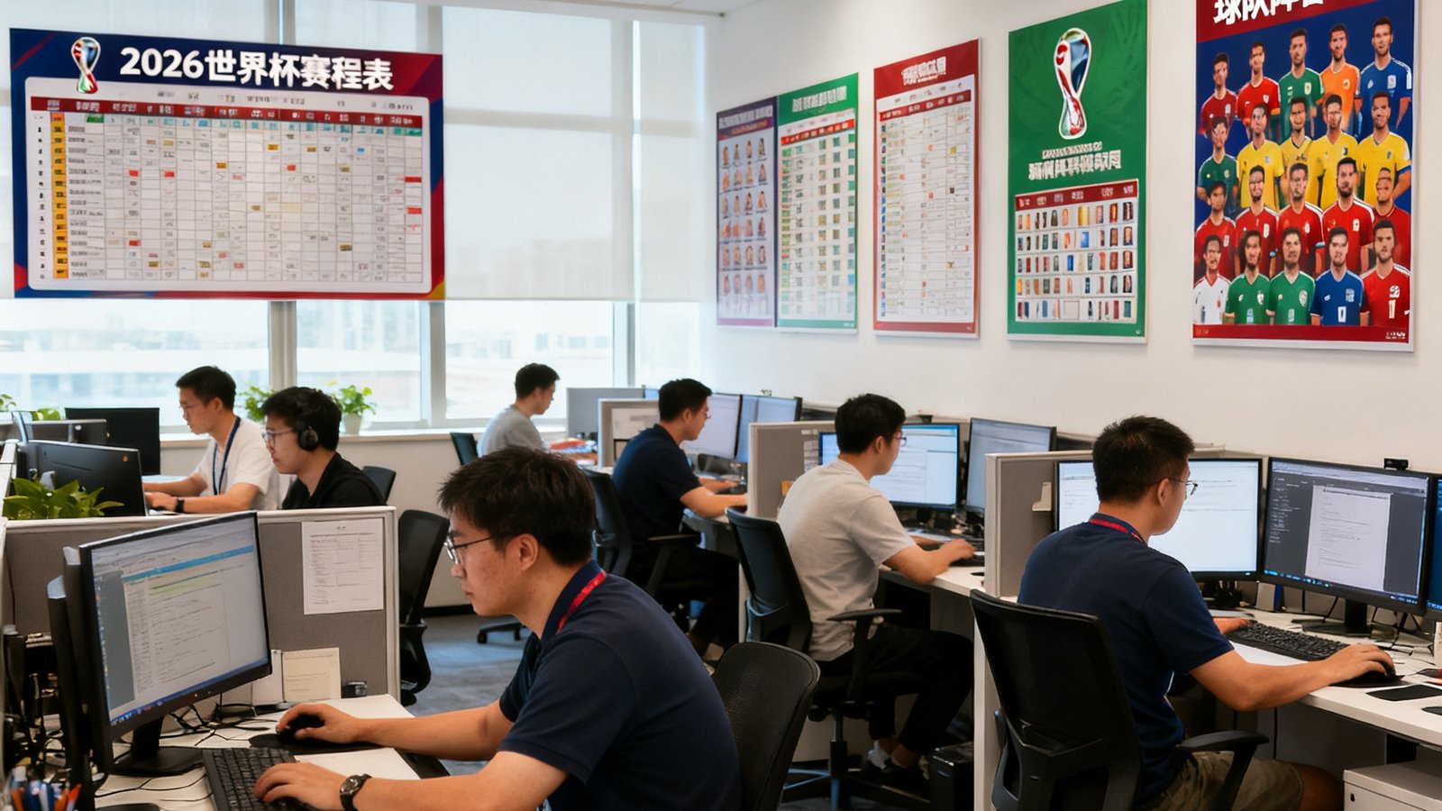 买球站编辑部工作场景，十几位编辑在开放式办公区专注工作，墙面上挂满了2026世界杯赛程表和球队阵容海报